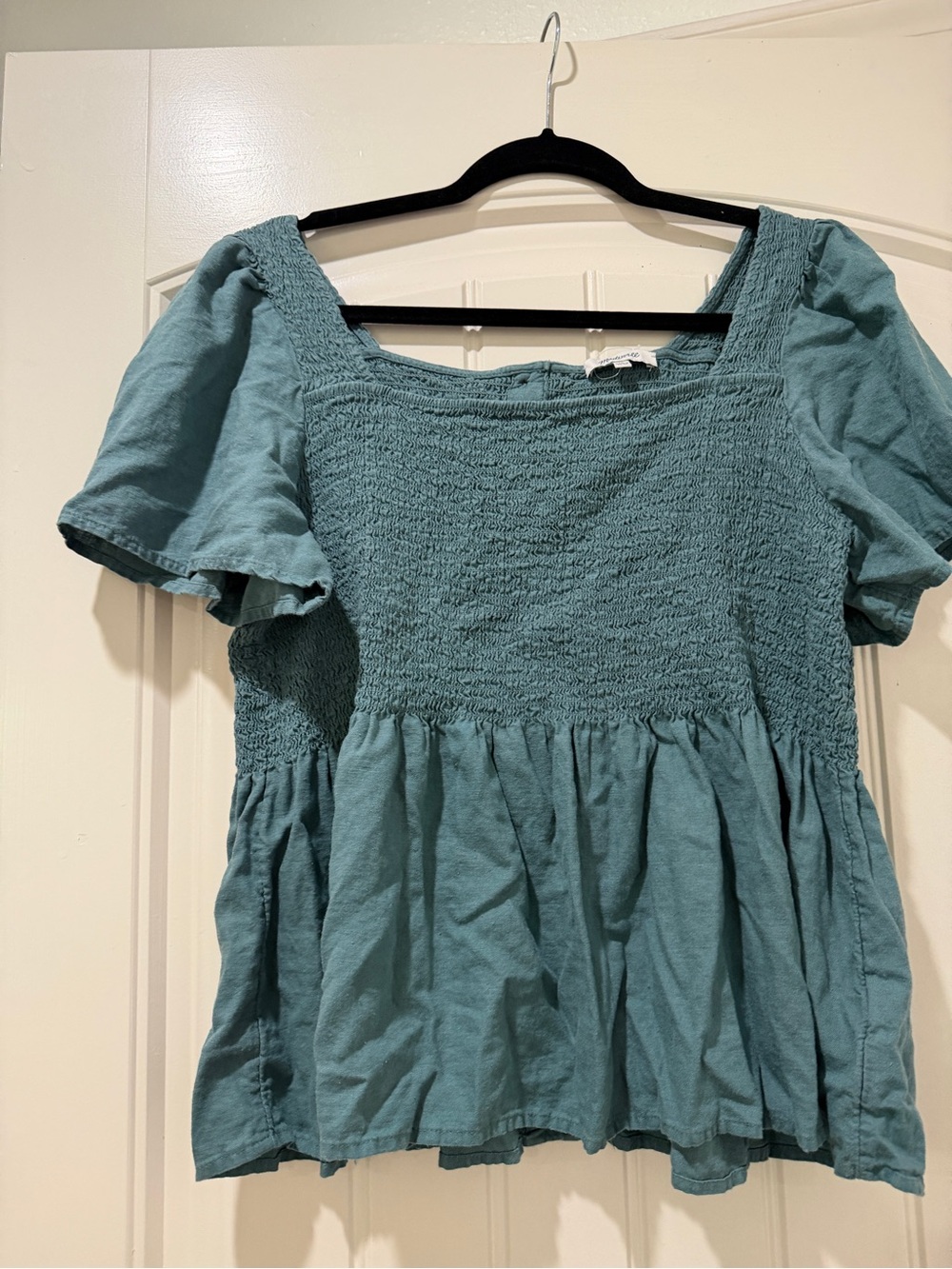 Madewell Teal Smocked Square-Neck Peplum Top